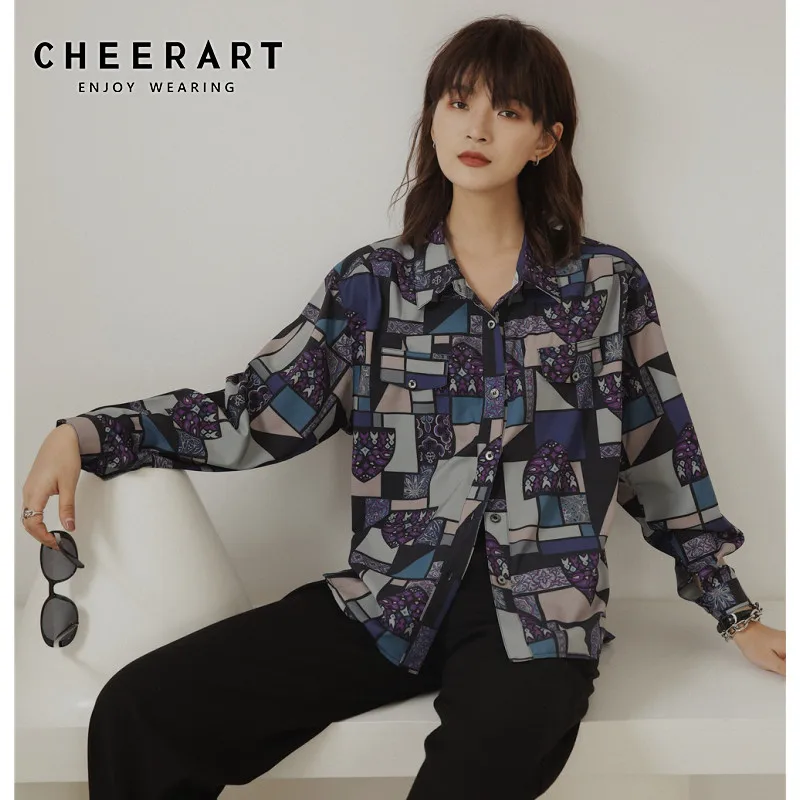 CHEERART синяя фиолетовая винтажная блузка с длинным рукавом рубашка на пуговицах