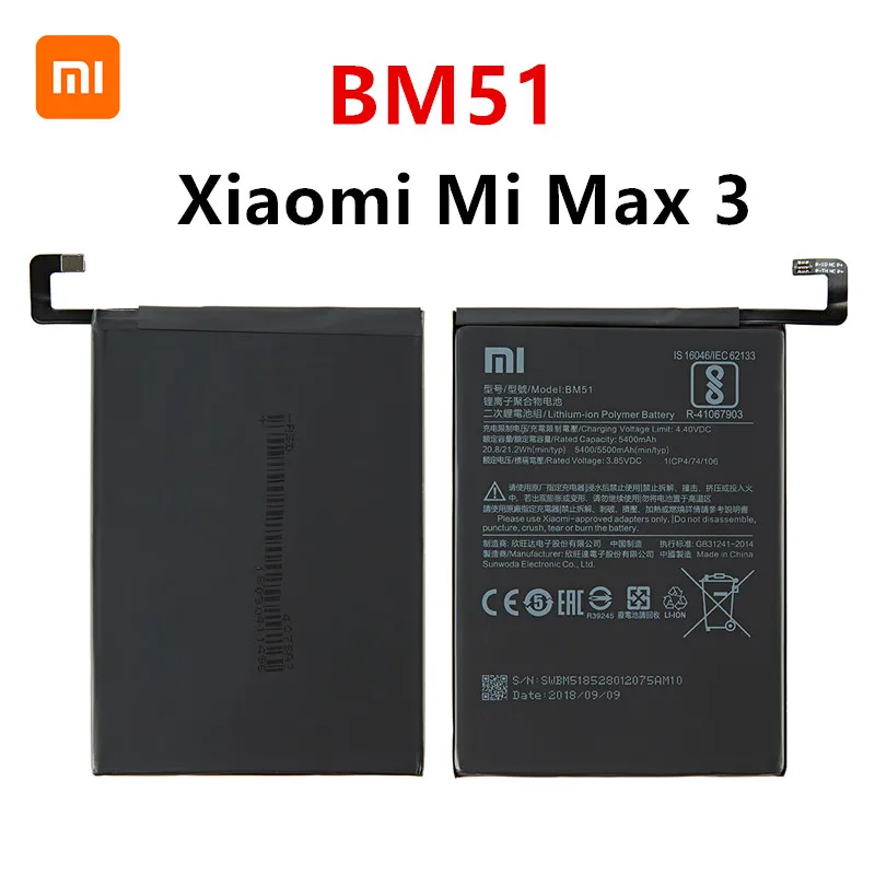 

Xiao mi 100% Orginal BM51 5500mAh Battery For Xiaomi Mi Max 3 Max3 BM51 High Quality Phone Replacement Batteries