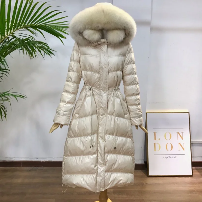 Зимнее 90% пуховое пальто для женщин, Женская плотная теплая большая парка с натуральным лисьим мехом на белом утином пуху, зимняя куртка с капюшоном для женщин - Цвет: Creamy-white