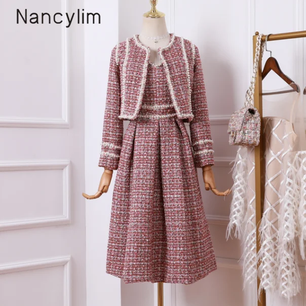 

2019 Autumn Breeze Sets Woman Fashion Socialite Temperament Bright Silk Tweed Short Coat + Dress Two-piece Sets Femme Winter