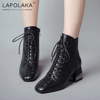 

Lapolaka 2020 New Design Genuine Cow Leather Ankle Boots Woman Shoes Zip Up Hoof Heels cross-tied Spring Autumn Chelsea Boots