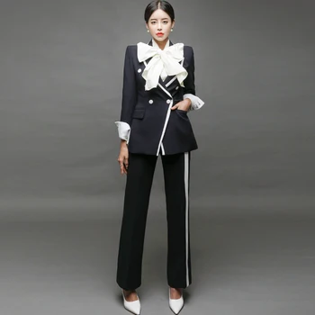 

Autumn Navy Clothing Sets Double Breasted notched Blazer Coat Long Slim Pant Women's Two Piece OL Office Costomes