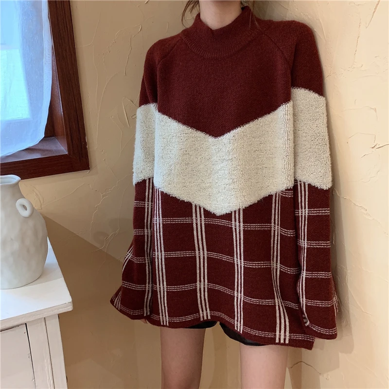 Winter Sweater Women's Plaid Stitching Half Turtleneck Sweater 2020 Spring Fashion Female Sweater Winter Sweater Women's Plaid Stitching Half Turtleneck Sweater 2020 Spring Fashion Female Sweater