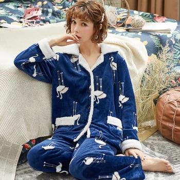 

Autumn Winter Warm Flannel Women Pyjamas Sets Thick Warm Velvet Sleepwear Pajamas Set Homewear Nightie
