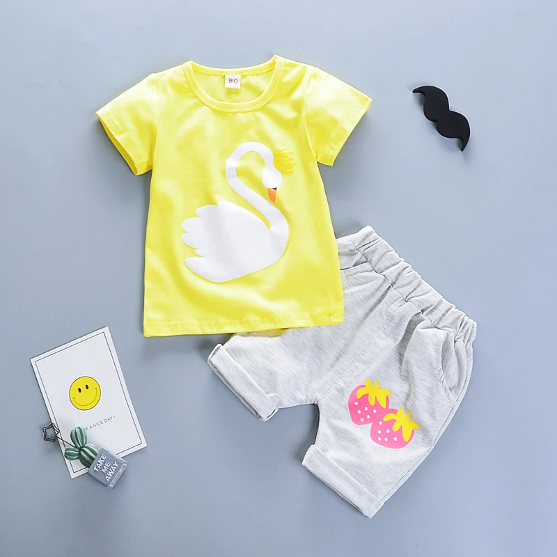 Комплекты летней одежды для девочек; модные детские хлопковые футболки с сердечками+ джинсовые шорты; комплекты одежды из 2 предметов для детей; комплекты одежды для девочек - Цвет: picture color