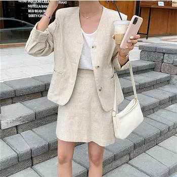 

Mazefeng New 2020 Summer Fall Women's Sets 2 Pieces Matching Short Skirt Cotton and Linen Vintage Pockets Elegant Suit M-XXL