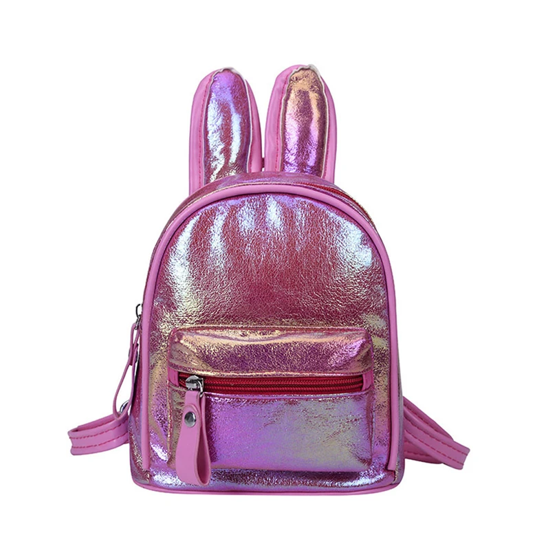 hot pink Детский Маленький рюкзак из искусственной кожи для девочек, отражающий Красочный Милый мультяшный рюкзак с заячьими ушками для детского сада, регулируемая сумка на плечи A40 - Цвет: hot pink