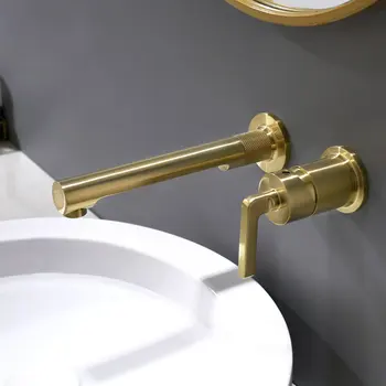 

Bathroom Solid Brass Brushed Gold/Black Wall Mounted Basin faucet Sink Tap Wash Hot Cold Mixer Tap Crane