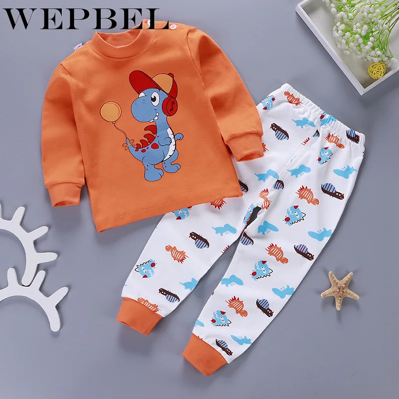 WEPBEL/Детские пижамные комплекты с героями мультфильмов хлопковый костюм для сна для мальчиков теплые пижамы для девочек топы с длинными рукавами+ штаны, 2 предмета, одежда для детей