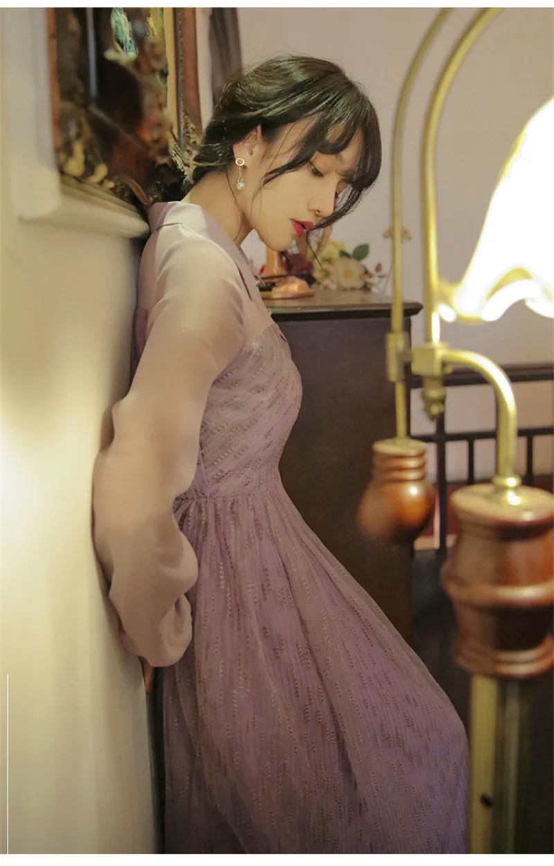 Винтажное платье, японское летнее женское платье, элегантное Имперское платье из тюля с длинными рукавами-фонариками, ТРАПЕЦИЕВИДНОЕ ПЛАТЬЕ, модное вечернее платье