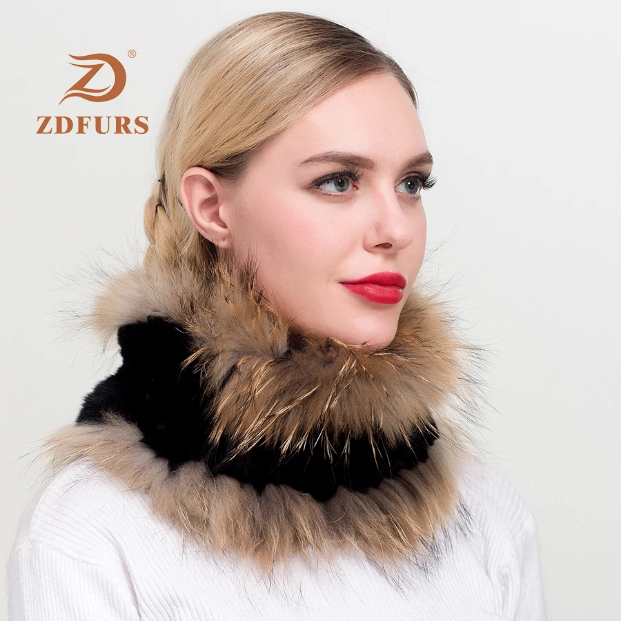 ZDFURS* женский Настоящий мех кролика шарф енота Серебряная меховая отделка натуральный вязаный мех шарфы Бесконечность Кольцо шарфы