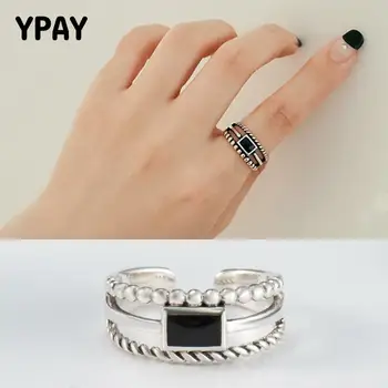 

YPAY Solid 925 Sterling Silver Open Rings for Women Do the Old Double Layer Black Zircon Ring Bague Fine Jewelry Gift YMR111