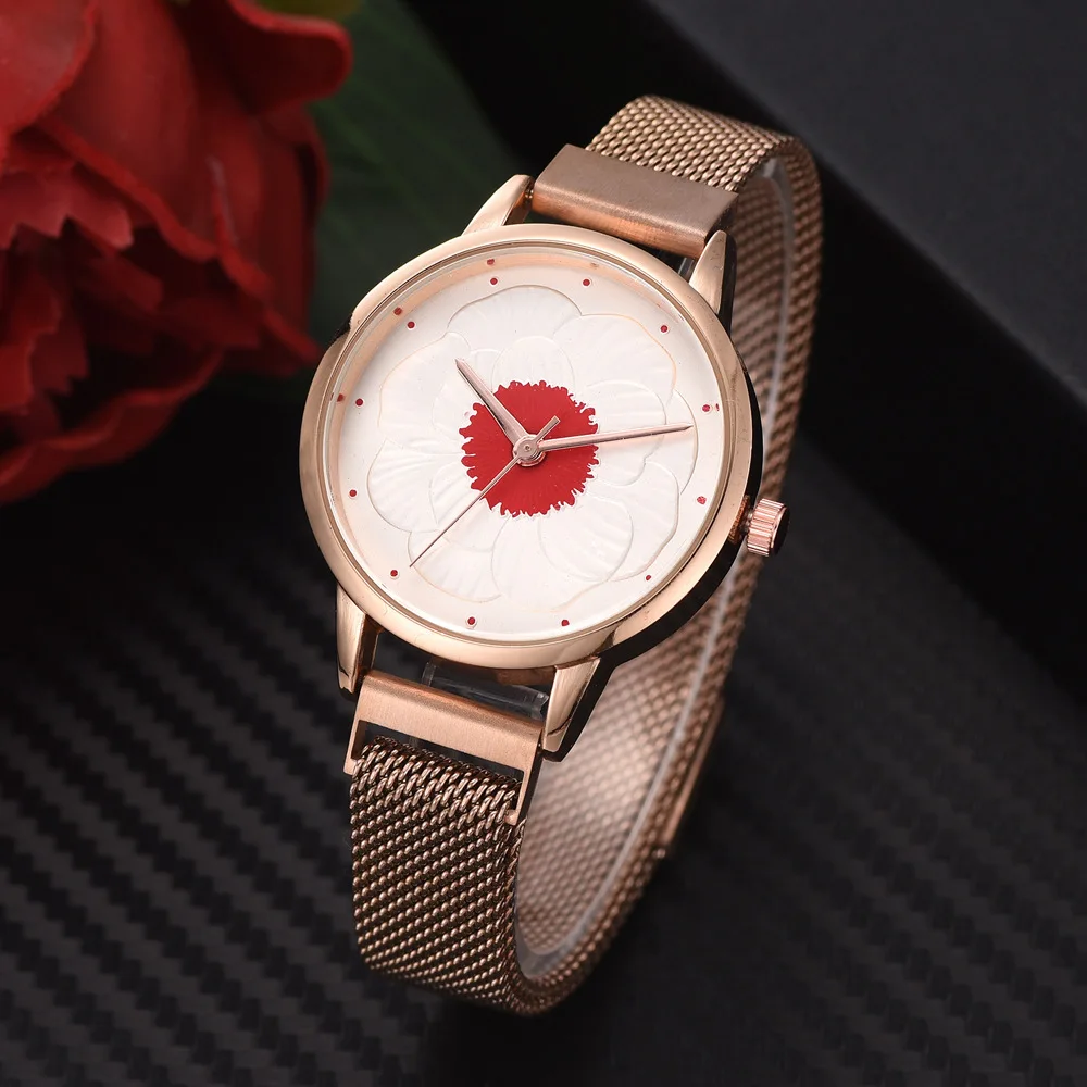 

Causal Watches Women Stainless Steel Band Flower Pattern Round Case Quartz Wrist Watch Relogio Feminino Zegarek Damski 2019
