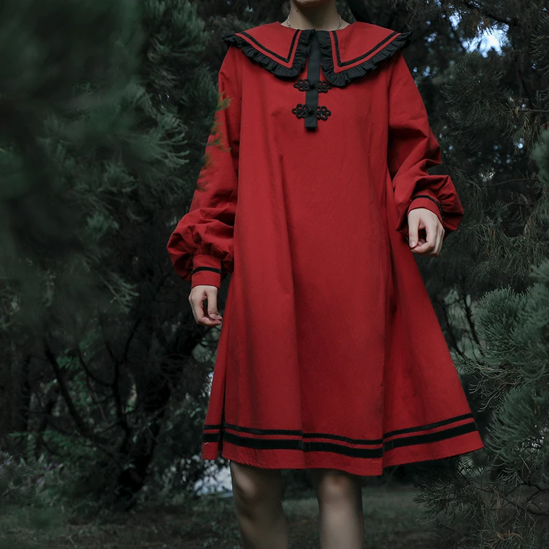 

JK Red Dress Loose Retro Long Sleeve Autumn Winter high waist victorian dress kawaii girl gothic lolita op loli cute girl