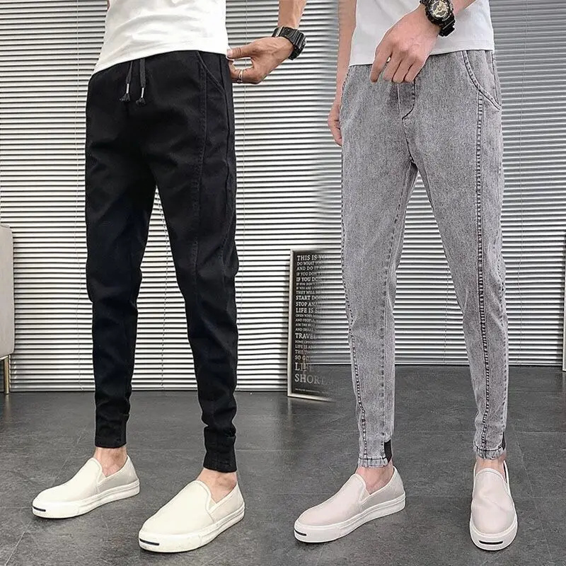 

Mens Jeans Spring Summer Slim Stretch Cotton Harem Cropped Trousers Waist Drawstring Casual Solid Denim Pencil Pants