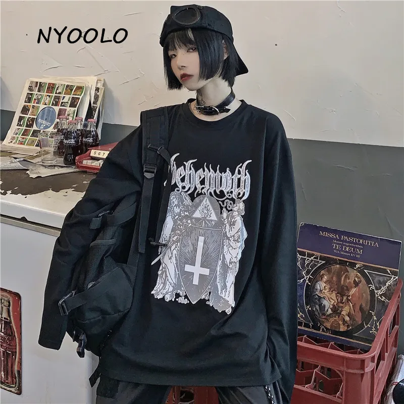 NYOOLO Harajuku винтажная религиозная футболка с буквенным принтом, осенняя уличная свободная футболка с длинными рукавами, Женская Мужская одежда, Топ