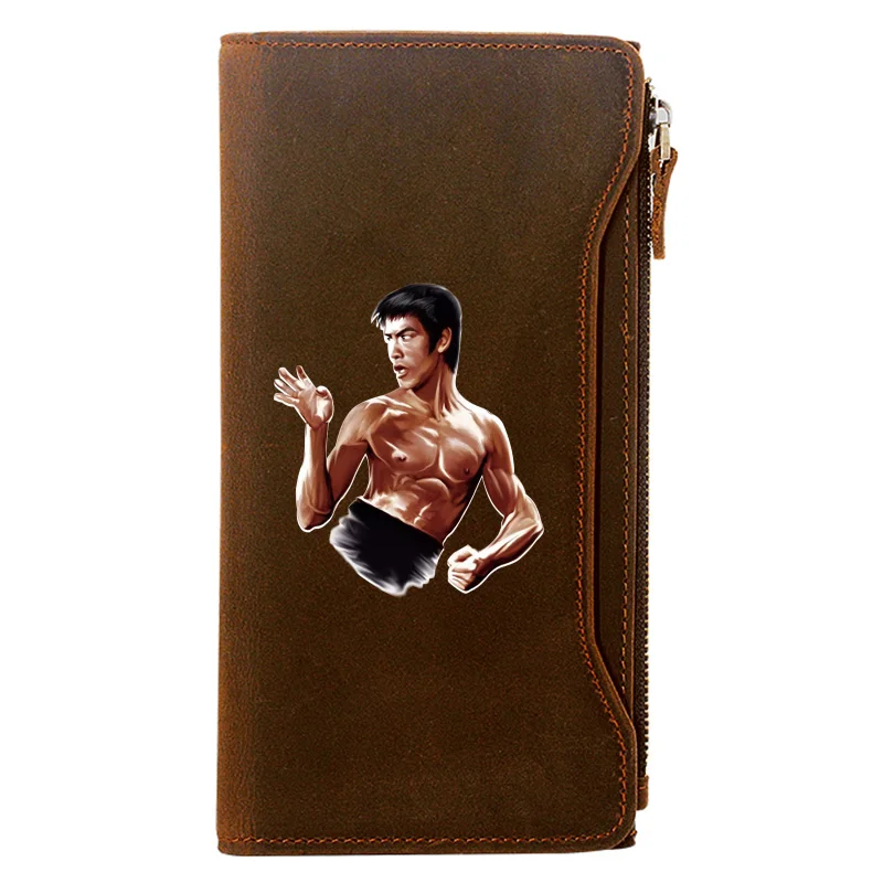 

High Quality Cool Bruce Lee Printing Genuine Leather Wallet Men Long Purse With Phone Bag Zipper Card Holder Clutch