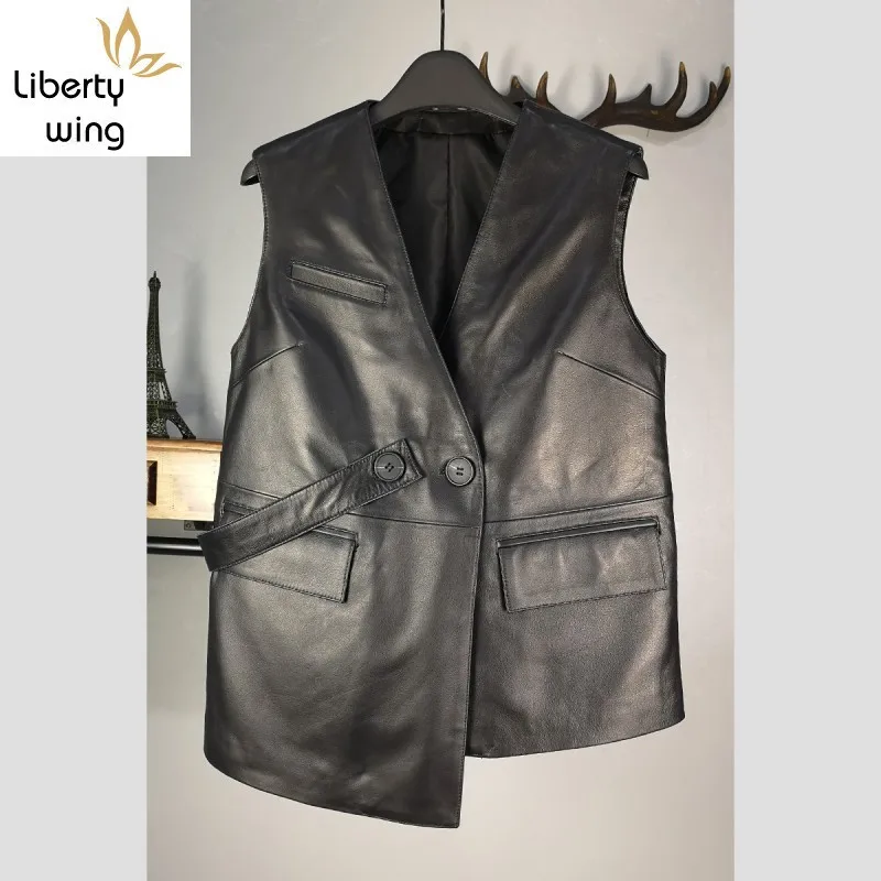 

100% Real Leather Vest Women Designer Irregular Short Sheepskin Sleeveless Jacket Brand OL Style Double Breasted Black Waistcoat