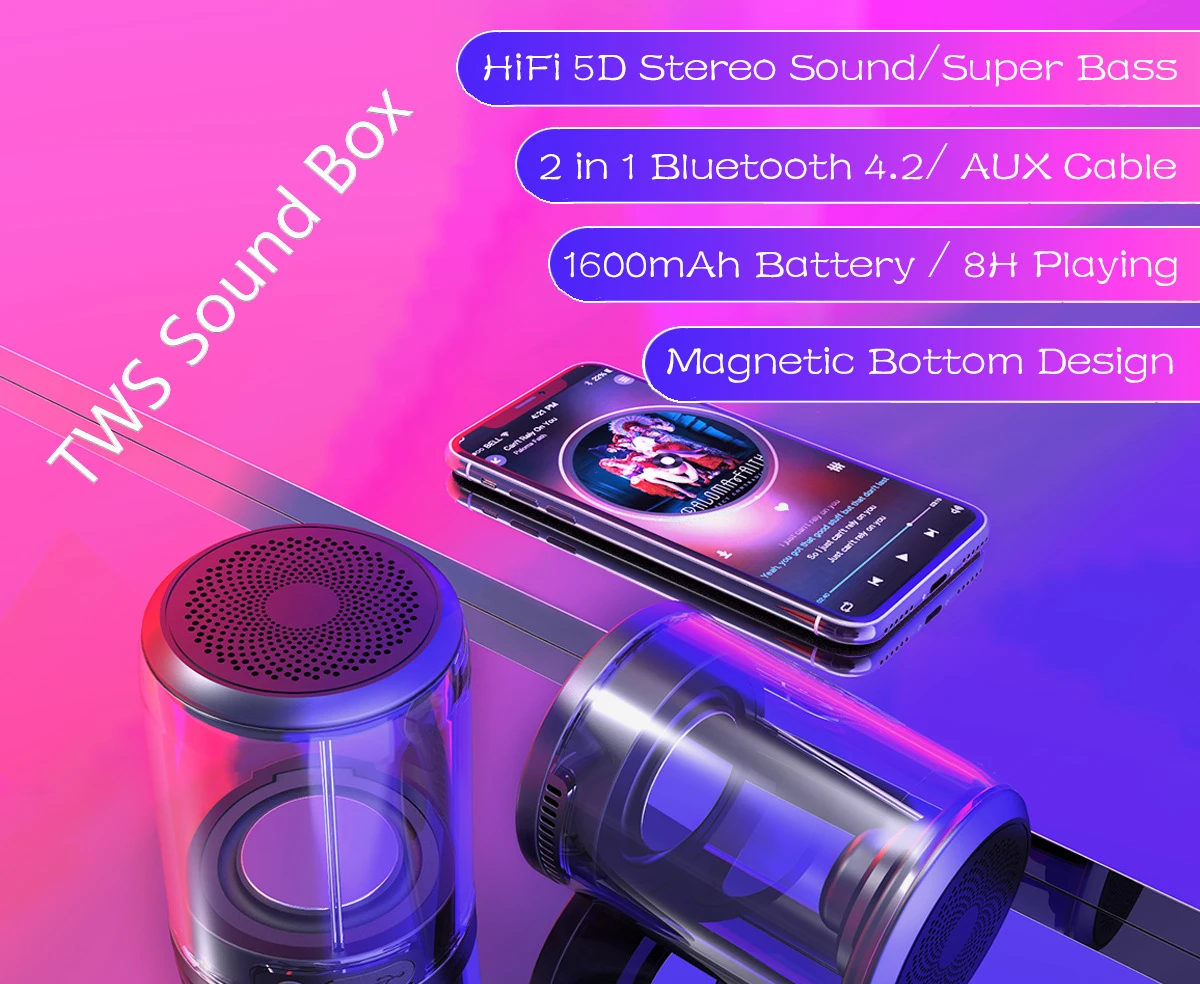 D08 Mini LED Colorful HIFI Big Bass Sound Column Box TWS Magnetic Vibration Bluetooth Transparent Speaker 2 speakers Per Set