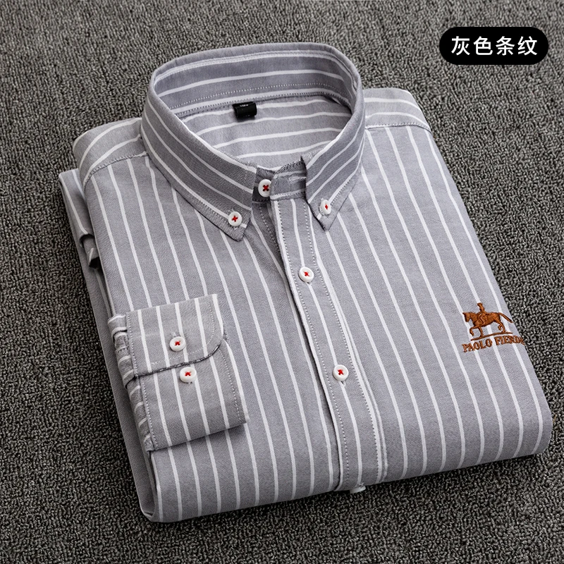 gray stripes Мужская повседневная однотонная хлопковая рубашка с длинным рукавом, приталенная мужская деловая рубашка, брендовая мужская мягкая удобная одежда - Цвет: gray stripes