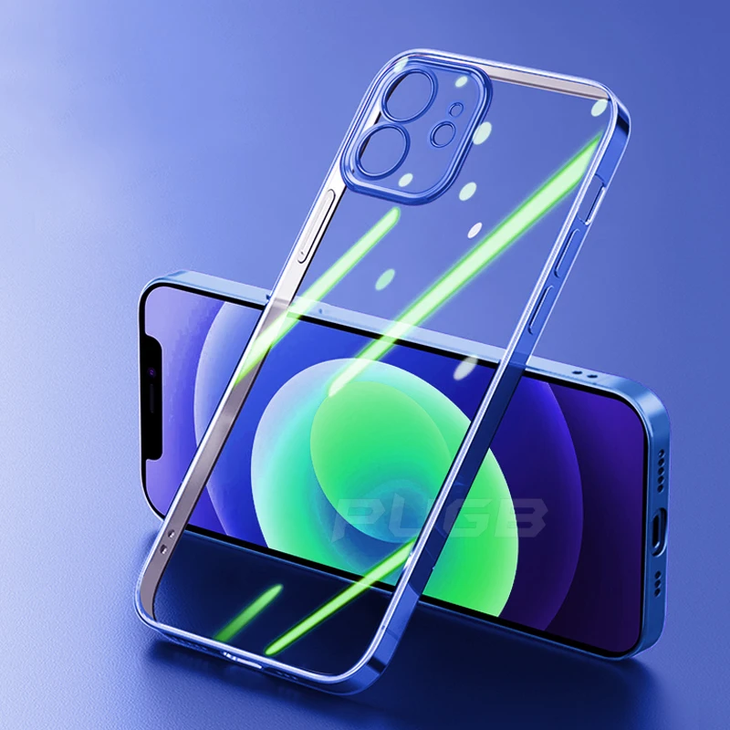 Luxury Transparent Square Frame Plating Case for iPhone 13 12 11 Pro Max Mini iPhone X Xs Xr 7 8 Plus SE 2020 Soft Clear Cover