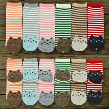 

6 Pairs/lot High Quality Women Lovely Cartoon Striated Socks Autumn-Winter Animal Sock Fashion Ladies Girls Cute Cotton Cat Sox