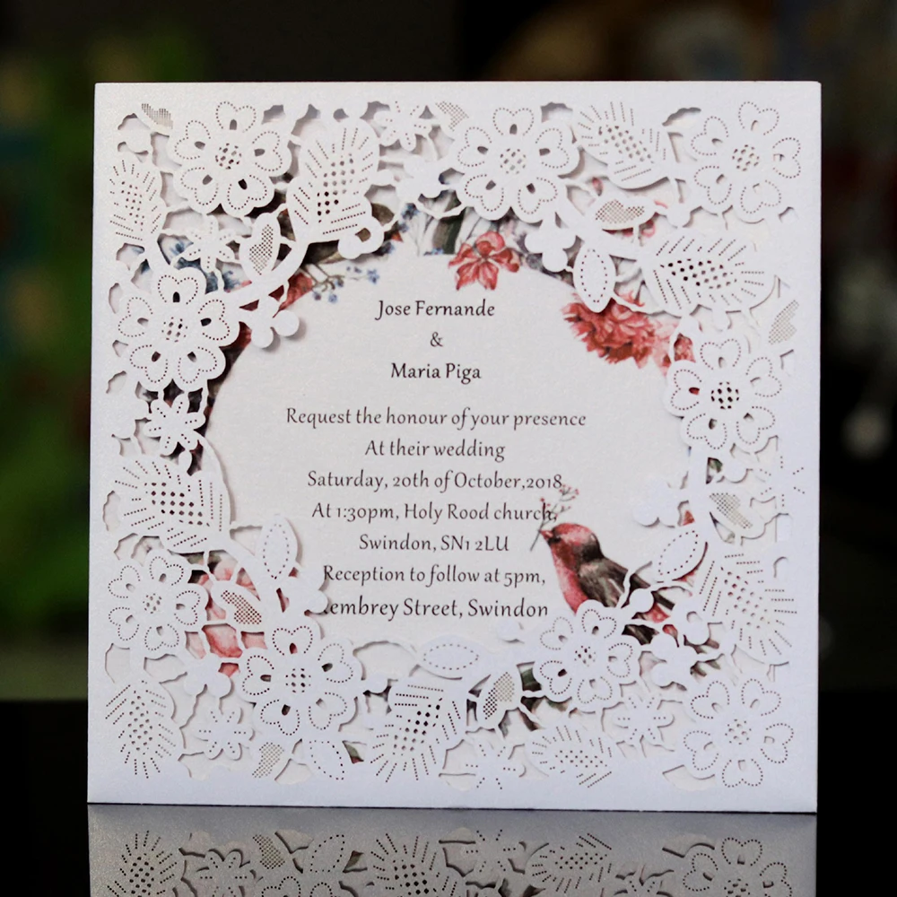  1Pcs Laser Cut Wedding Invitations Card With Square Hollow Flora For Engagement Invites Greeting ca - 4000511666325