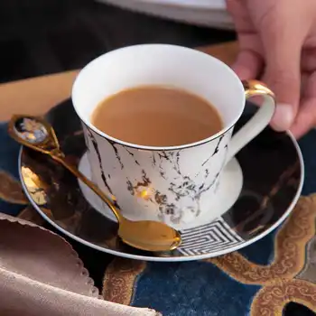 

Luxury matte ceramic marble tea coffee Cups and with wood Saucers inlay On-glazed Advanced ceramic cups