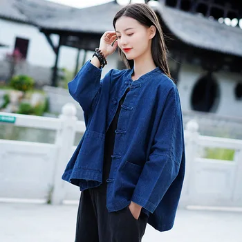 

spring autumn Loose Oversize retro denim shirts buttons Long Sleeve casual plus size blouse women tops TAS54