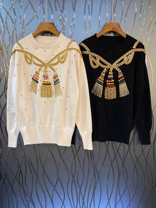 Early autumn new women's round collar rope nail bead knitted pattern decoration loose 100-tie knitted shirt 1008
