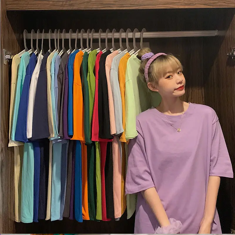 Женская футболка из 100% хлопка фиолетового цвета Harajuku Однотонная большого