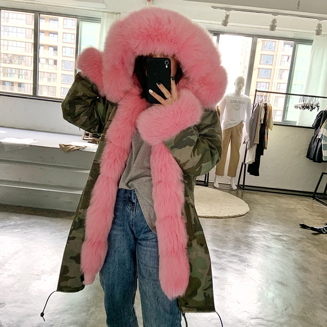 Faux Fur Hood Army Fatigue Coat With Pink Fur Just One Piece, Real - Main Image