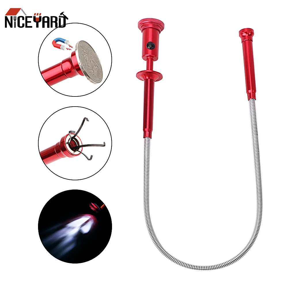 NICEYARD Magnetic Flexible Pick Up Tool Sewer Cleaning Pickup Tools Long Spring Grip Magnet + 4 Claw + LED Light