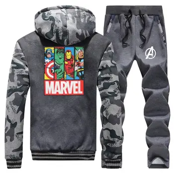 

Winter Casual Warm Thick plus size Hooded Jacket+Pants 2Pc Sets Marvel print Men trend Hoodies sweatpant Sports Suits Outwear