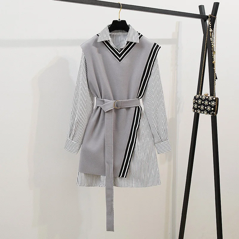 gray Streetwear Two Piece Dress Women Autumn Winter long Sleeve Shirt Mini Dresses with belt plus size elegant party Dress vestidos - Цвет: gray