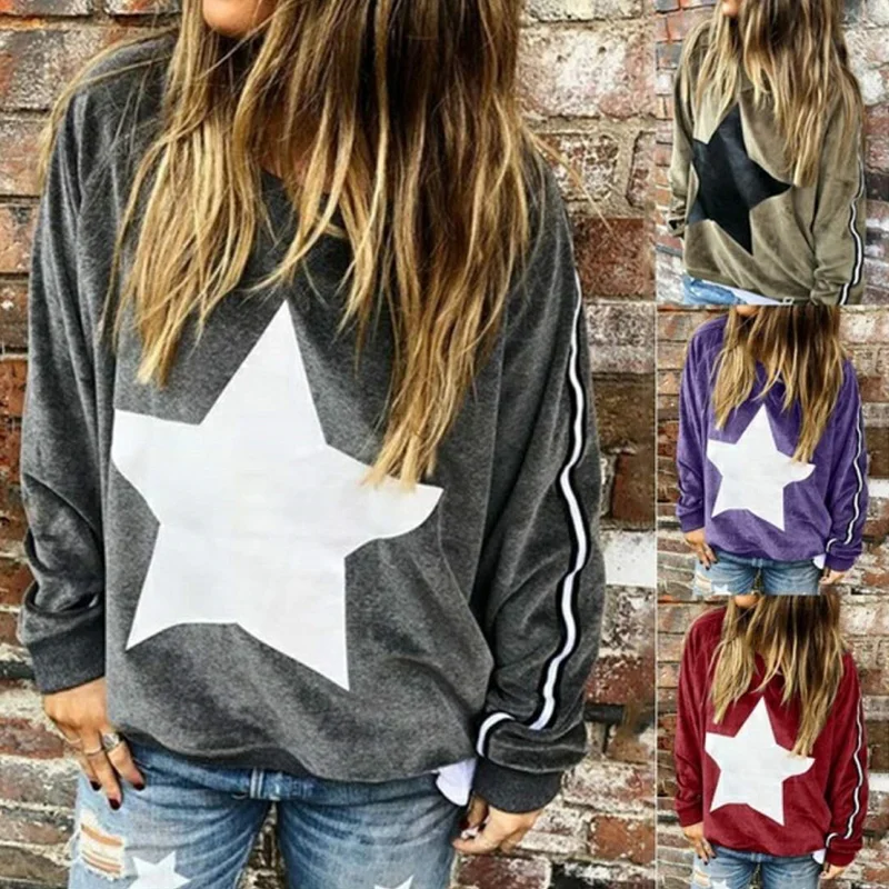 

2021 New Retro Winter Women's Sweater Plus Size Casual Sweatshirt Star Print Loose Round Neck Long Sleeve Pullover T-Shirt
