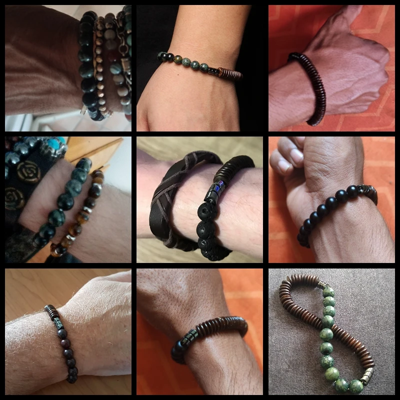Beaded Bracelet Natural Stone Round Beads Coconut Wood Flake Bloodstone Lava Stone Wooden Bead Male For Men Gift