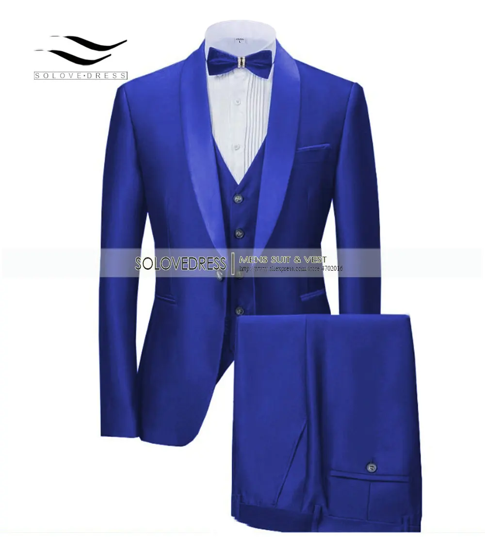 Royal Blue Solovedress, приталенный свадебный смокинг для жениха, смокинг для певицы, выпускной, мужской костюм, шаль с отворотом, 3 предмета, куртка, штаны, жилет, однотонная сценическая одежда M9 - Цвет: Royal Blue