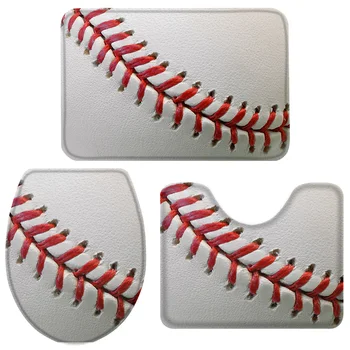 

3 Pieces Bathroom Set Sport Baseball Texture Stitching Bath Set Toilet Cover Mat Pedestal Rug Non-Slip Bathroom Rug Set