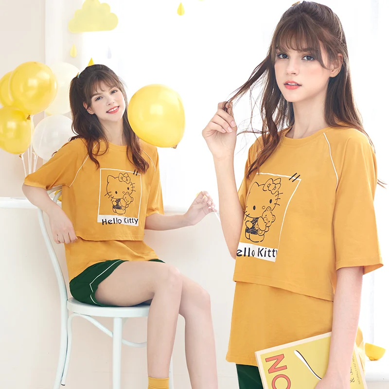 

YATEMAO 2PCS/SET Hello Kitty Maternity Nursing Sleepwear Clothing Pregnancy Sleepwear Short Sleeve Pajama Set