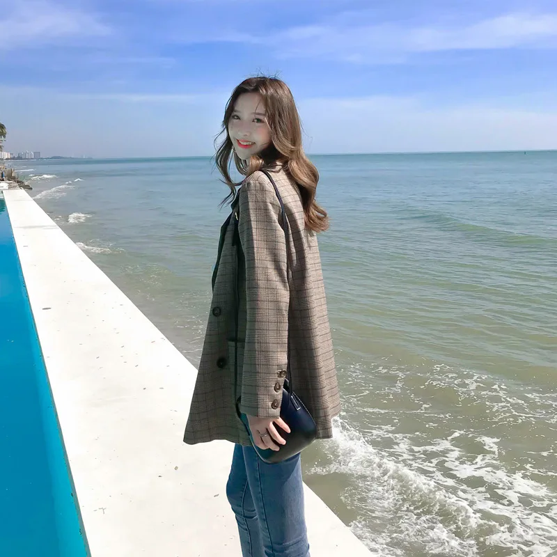 

Wo ben shi shang 2019 Spring Clothing New Style Loose-Fit Plaid Coat Small Suit 9037