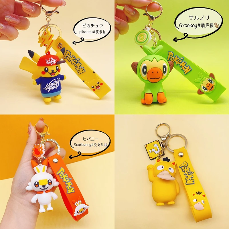 TAKARA TOMY Pokemon Pikachu Pendant Bag Ornament Psyduck Cartoon Rubber Keychain Sobble Scorbunny Animal Elf Doll for Kids Girl |