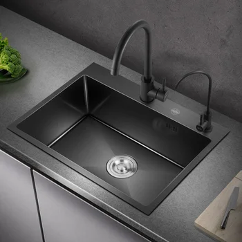 

Black Kitchen sinks Nano Stainless Steel Wash Manual Single kitchen Sink 304 Vegetable Washing Sink Drop-in Sink No Faucet