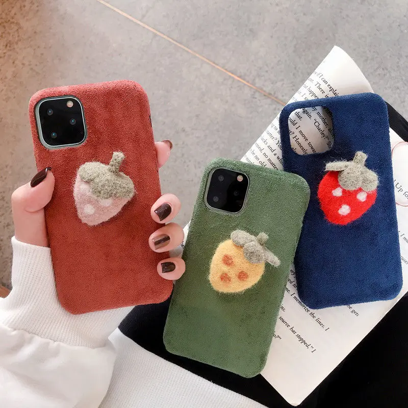 

Warm Smooth Suede fur soft phone Case For iphone 11 11 Pro Max XS Max X 7 8 Plus Flannel Bow-knot Fruit Pattern Back cover Capa