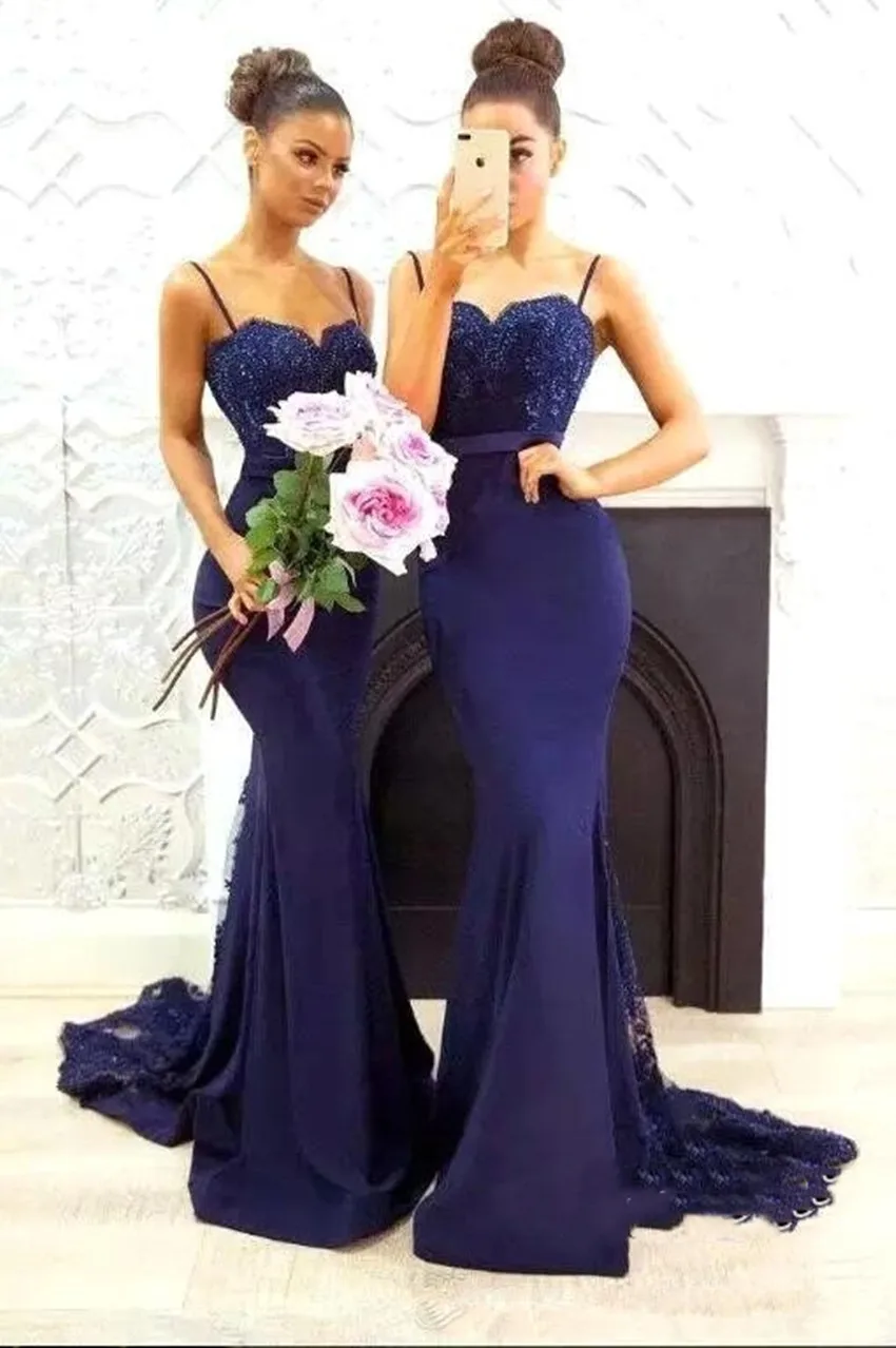 as picture navy blue bridesmaid dresses Sweetheart Spaghetti Straps Zipper Back Plus Size Mermaid Lace Appliques Long Train Beautiful Dress - Цвет: as picture