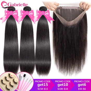 

Gabrielle Brazilian Straight Hair Bundles with Frontal Natural Color Remy Human Hair 3 Bundles with 360 Lace Frontal Closure