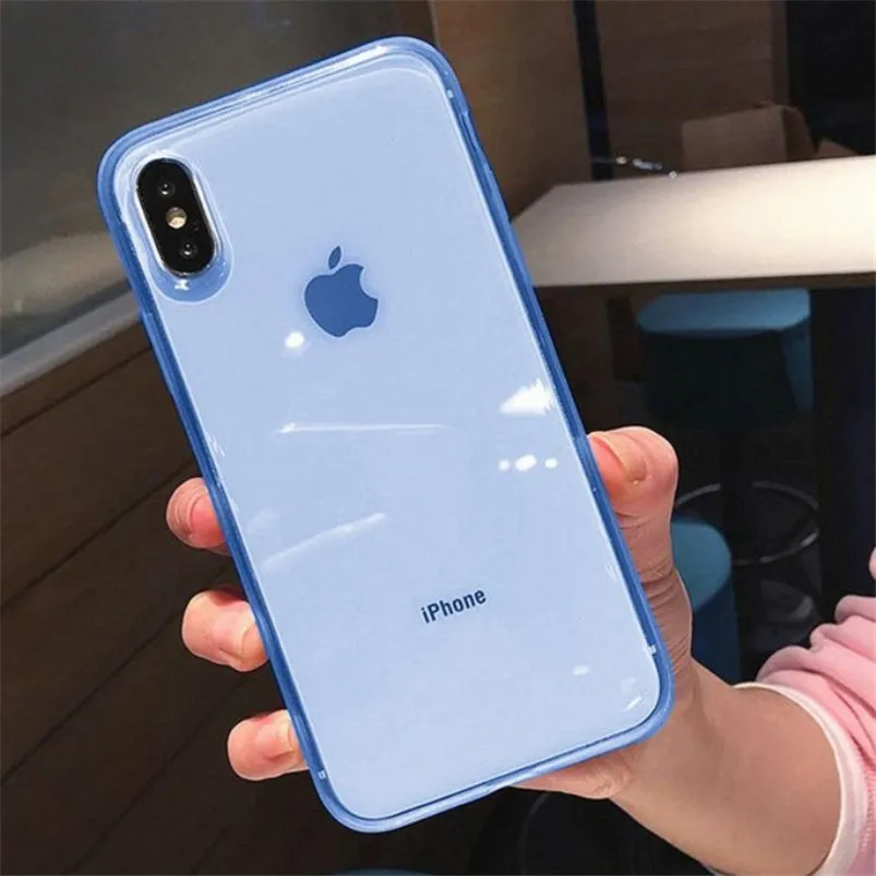 Мягкий чехол из ТПУ для iPhone 6, 6 S, 7, 8 Plus, 11 Pro, XS Max, XR, X 10, роскошная цветная прозрачная рамка, силиконовый чехол для iPhone 7 Plus - Цвет: Небесно-голубой