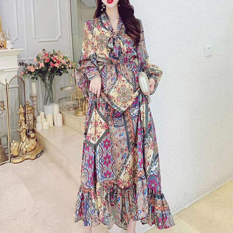 Holiday national style printed chiffon dress lantern sleeve autumn dress 2020 new female Office Lady  Sheath  Knee-Length