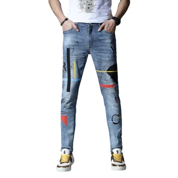 

New skinny mens jeans print jeans for men stretch pants trousers cotton hip hop Summer Spring light blue