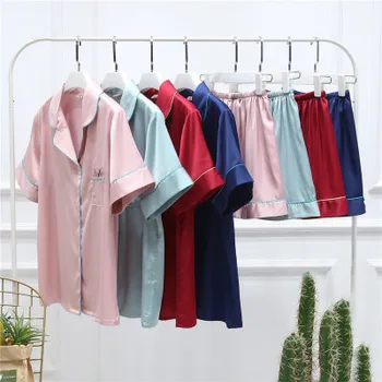 

Women Short Sleeve Shorts Simulated Silk Pajamas 2 Pcs Set & Women Summer Simple Letter Home Sleepwear 2 Piece Set nightwear